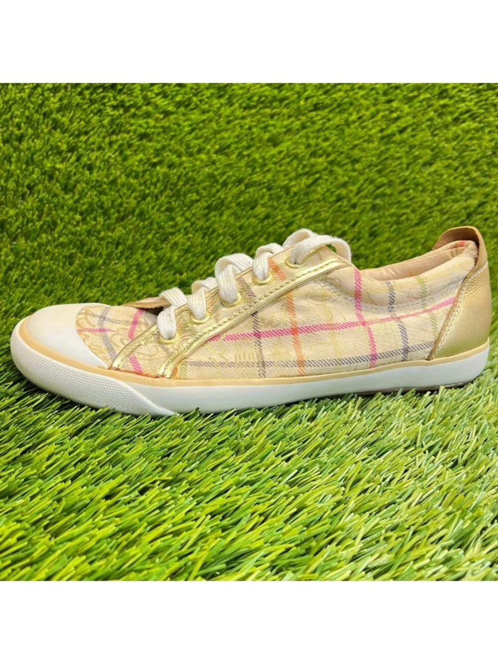 Coach Barrett Tattersall Plaid Women Size 7.5 Cream Gold Athletic Shoes Sneakers